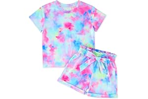 Nutyomi Girls Clothes Two Piece Tie Dye Summer Vacation Outfits Clothing Shirt and Shorts Matching Sets for Girls 4-13 Years