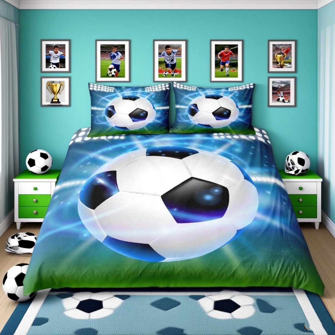 Homemissing Boys Football Bedding Set Sports Theme Double Size Duvet Cover For Kids Children Teens 3D Soccer Ball Pattern Comforter Cover Competitive Games Bedspread Bedroom Decor 3Pcs