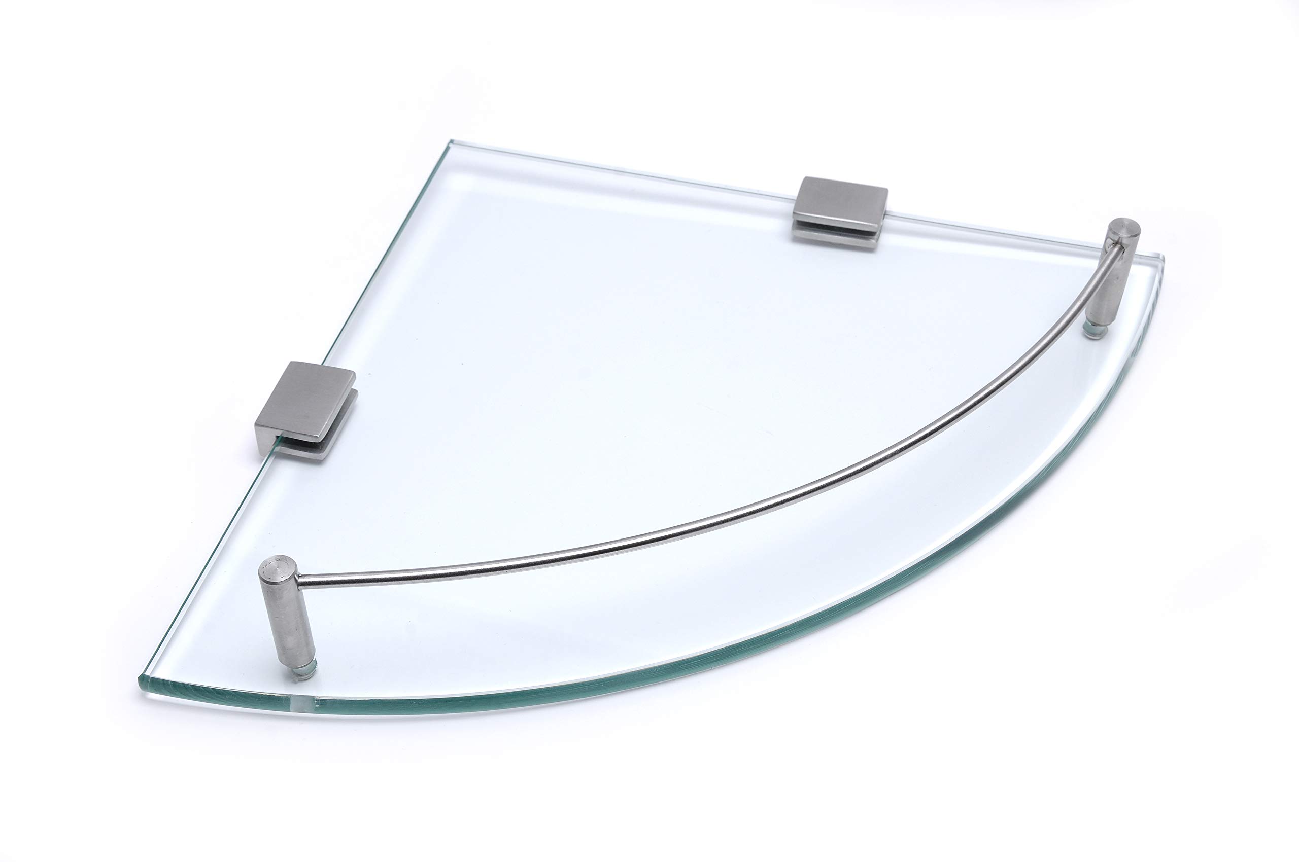 BSM Marketing 250mm x 250mm (10”x10” approx.) 8mm Thick Toughened Safety Glass Corner Shelf With Stainless Steel Rail And Wall Brackets Bathroom Bedroom Kitchen Office