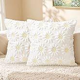 RUIDAY Winter Sunflower Pillow Covers 18x18 Inch Set of 2 Christmas Decorations for Home Soft Plush Faux Fur Throw Pillow Covers 3D Embroidered White Pillow Cases for Couch Bedroom Holiday Decor