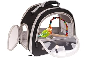 FOCZZU Portable Parrot Travel Cage Carrier with Small Swing Toy&Cage Colorful Toys Set Small Bird Parakeet Bag with Standing Perch Bird Carry Transport Bag (Black, Carreir/Swing)