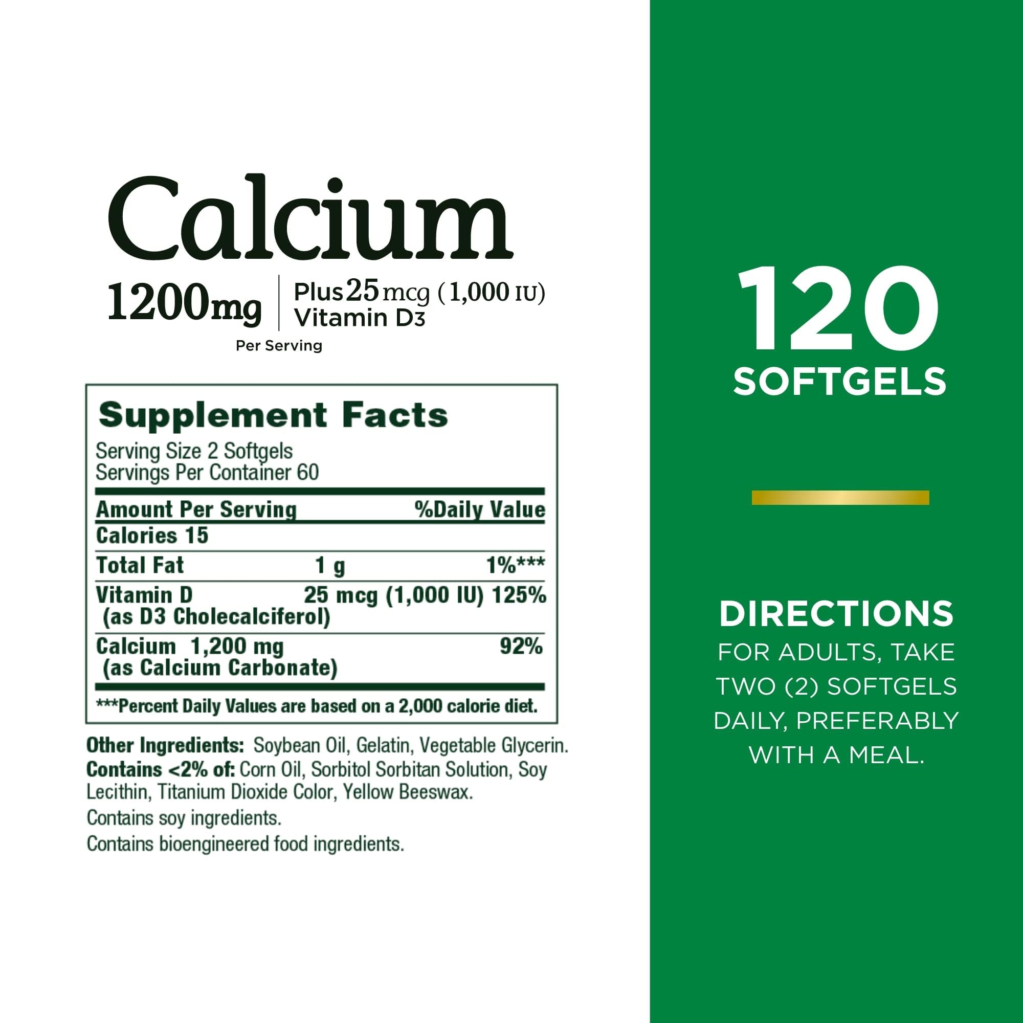 Nature's Bounty Calcium Carbonate & Vitamin D, 1200mg Calcium & 1000IU Vitamin D3, 120 Softgels
