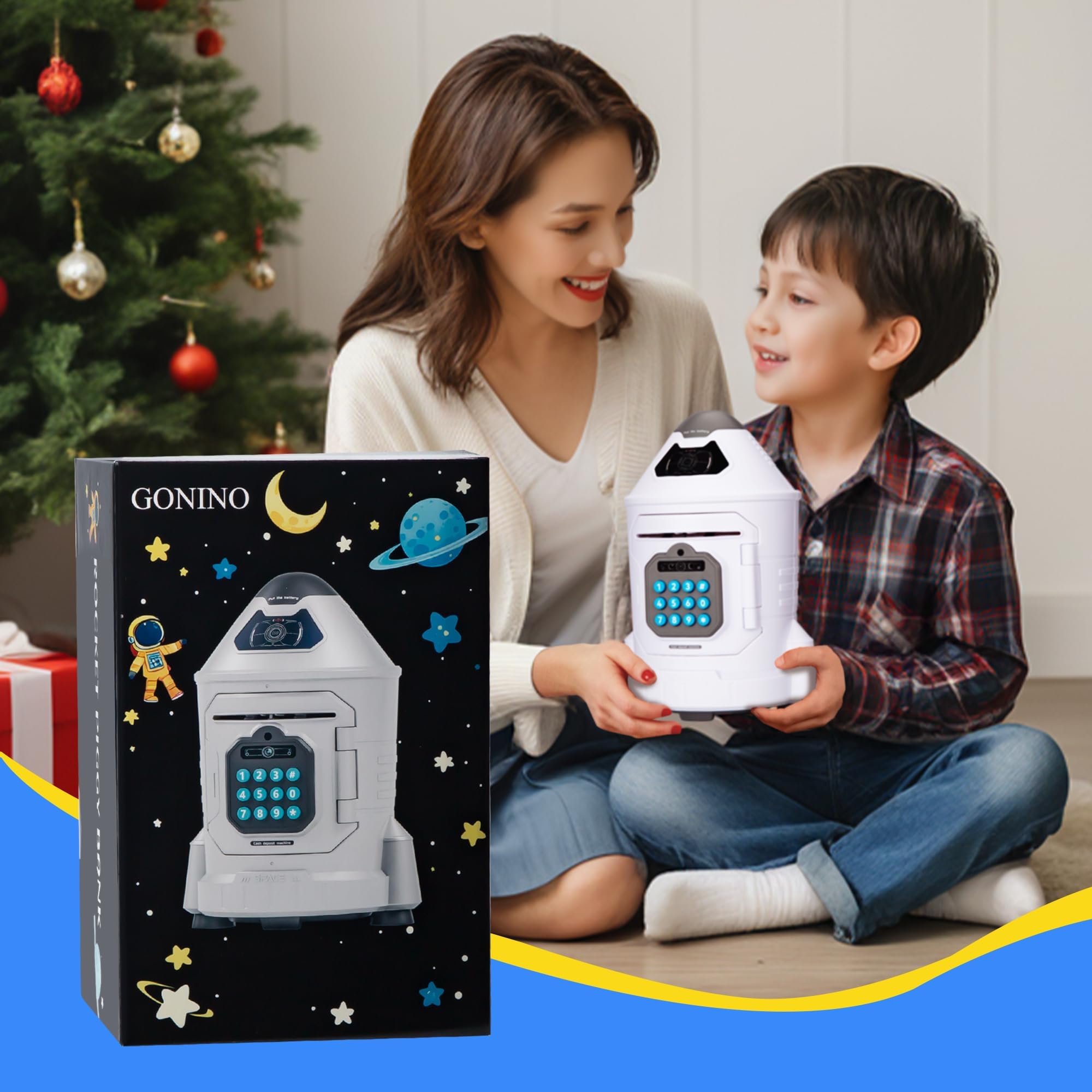 Kids Safe, Electronic Piggy Bank for Boys Girls, ATM Money Saving Box Toy 2024 with Password & Face ID Simulation, Christmas Birthday Gifts for 4 5 6 7 8 9 10 Year Old, Rocket Space Coin Cash Can