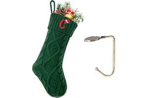 VRFASHION Christmas Stockings with Initials, Letter C Embroidered Xmas Stockings, 18" Large Monogram Knitted Xmas Stocking, Christmas Party Fireplace Family Hanging Stocking Decorations(1 Pack, Green)