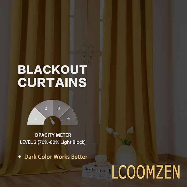 LCOOMZEN GROMMET BLACKOUT CURTAINS FOR BEDROOM AND LIVING ROOM 2 PANELS SET THERMAL INSULATED ROOM DARKENING CURTAINS (W52 X L90 INCH, YELLOW OCHRE)