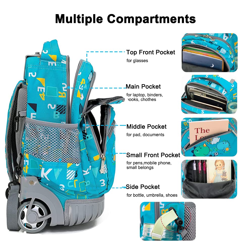 Rolling Backpack 16 Inch School College Travel Carry-on Backpack Boys Girls (Dinosaur Blue)