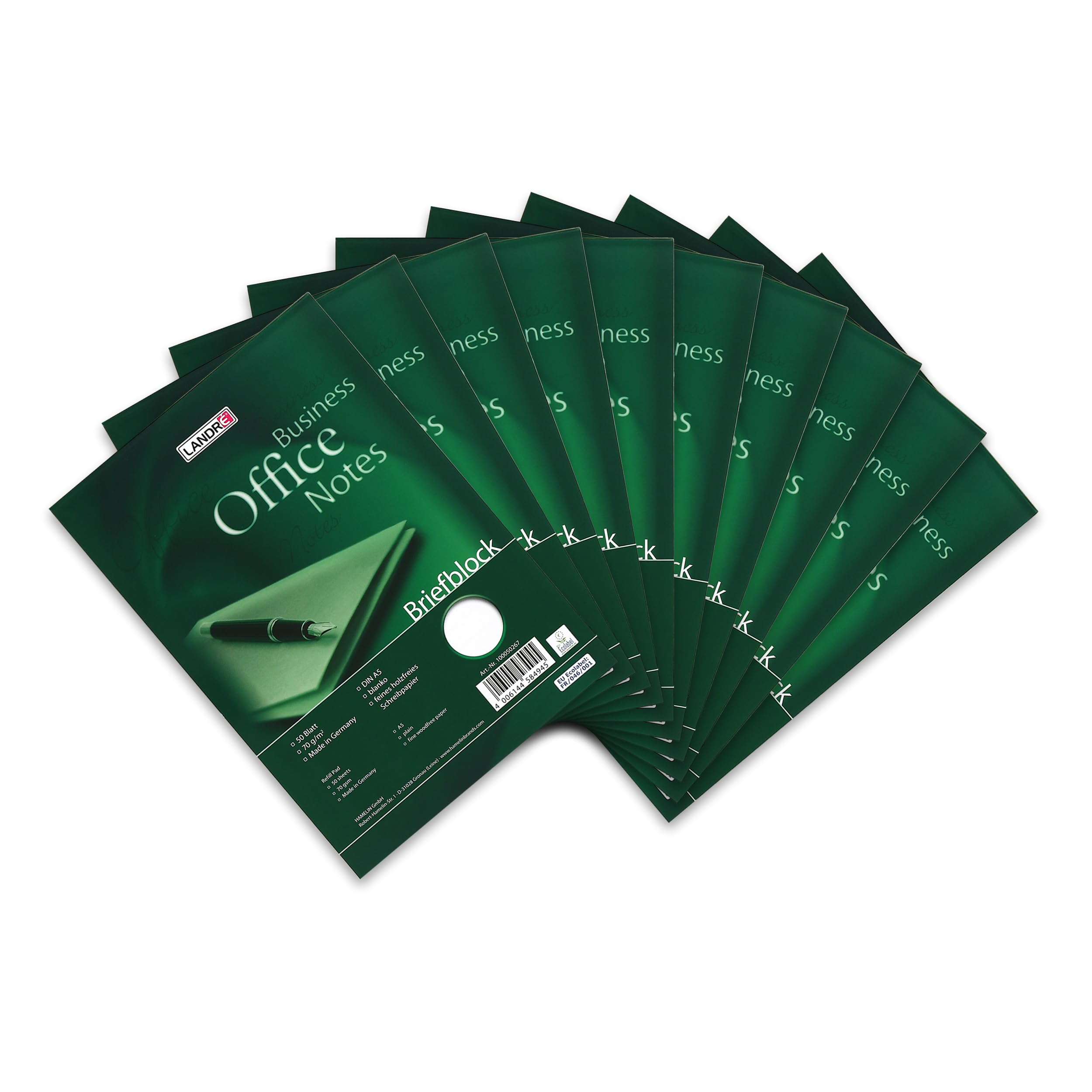 Landre 100050267 Office Writing Pad, A5, 50 Pages, Blank, 70 g/m², Pack of 10 Letter pad "Office", A5, 50 Sheets, Blank