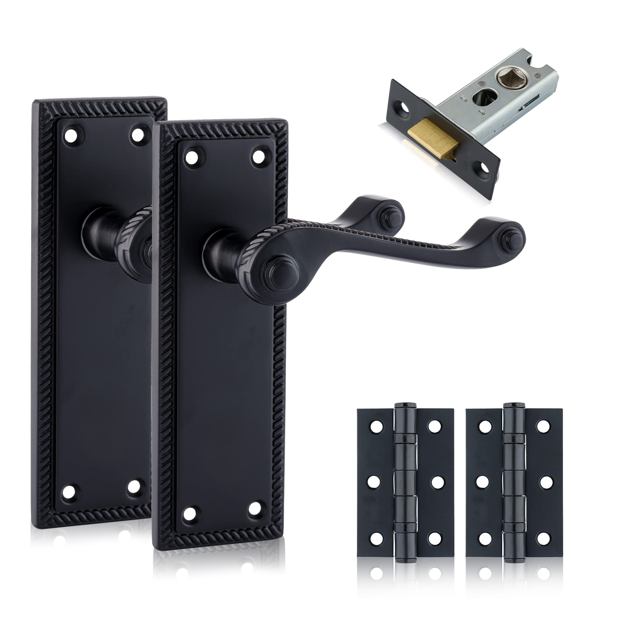 XFORT Black Beauty Range Matt Black Hanoverian Lever Latch Door Pack, Georgian Style Complete Set with Door Handles, 65mm Tubular Latch and 75mm Ball Bearing Hinges, for Internal Wooden Doors