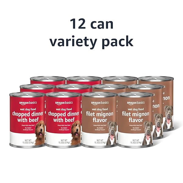 AMAZON BASICS CHOPPED GROUND DINNER WET DOG FOOD VARIETY PACK, FILET MIGNON FLAVOR AND WITH BEEF, MADE WITH NATURAL INGREDIENTS, 13.2OZ CANS (PACK OF 12)