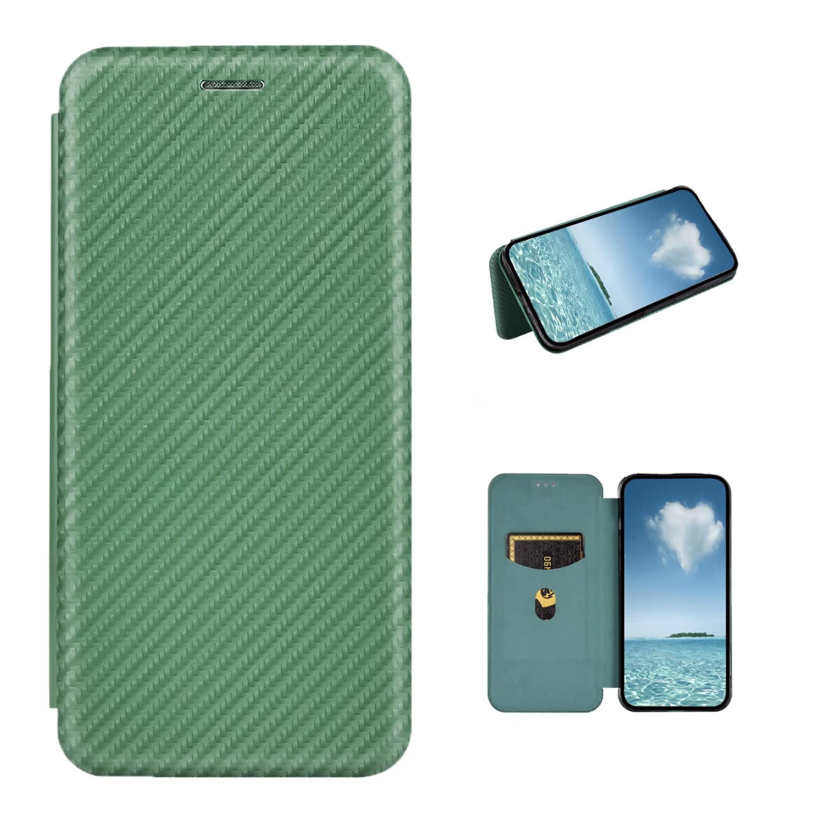 COQUE Fairphone 5 Case, Leather Flip Wallet Case with Card Slot, Carbon Fiber Leather TPU Case for Fairphone 5-Green