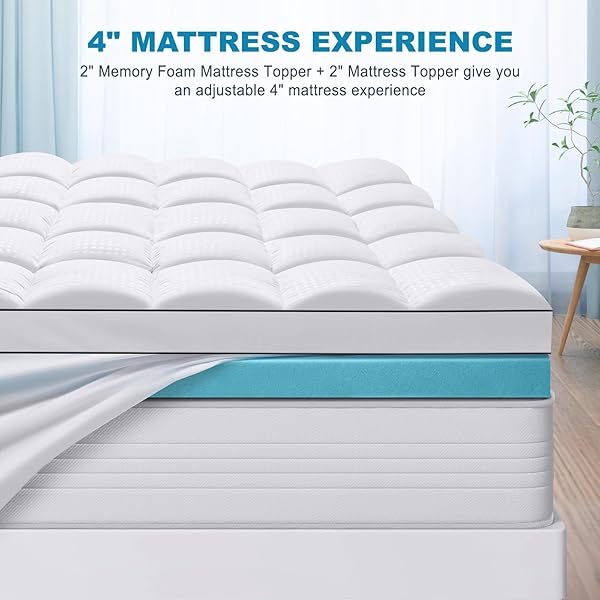 MASVIS QUEEN SIZE DUAL LAYER 4 INCH MEMORY FOAM MATTRESS TOPPER, 2 INCH GEL MEMORY FOAM AND 2 INCH COOLING PILLOW TOP MATTRESS PAD COVER FOR BACK PAIN, MEDIUM SUPPORT