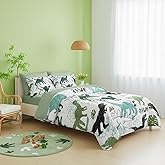 QOOMO Dinosaur 7 Pieces Comforter Set Twin Size,Dinosaurs Bedding Set for Kids Teens Boys-Include 1 Comforter,1 Fitted Sheet,1 Flat Sheet,2 Printing Pillowcases and 2 Light Green Pillowcases