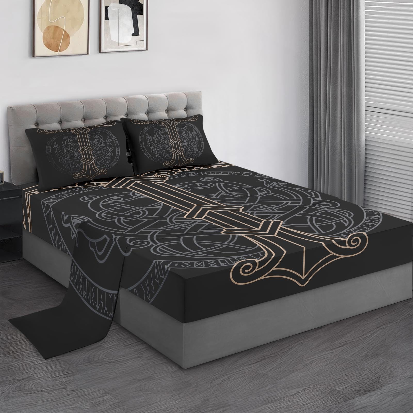 Photo 1 of Pamnest King Size Bed Sheet Sets, Tree Viking Norse Soft Microfiber 4 Pcs Bedding Sets for Kids and Adults Bedroom Bed Decor, Medieval Gothic Flat, Fitted Sheet and 2 Pillowcases