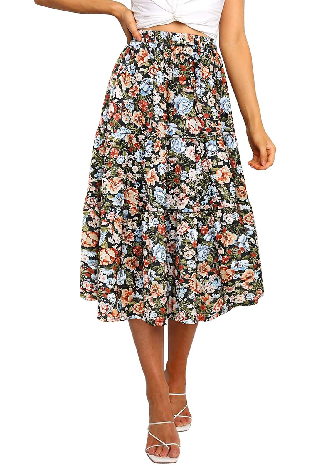 Photo 1 of MEROKEETY Women's Floral Boho Midi Skirt Trendy Pleated Flowy A-Line Swing Long Skirts, FloralBlack, M