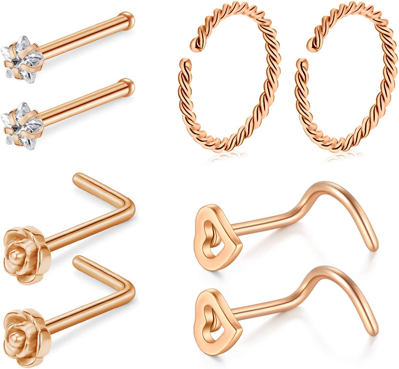 20 Gauge Nose Rings Set Nose Screw Pin Bone Stud Nose Hoop Ring Rose CZ Heart Earrings Lip Helix Piercing Jewellery Rose Gold