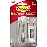 Command Large Designer Hook, Holds up to 5 lb, 1 Wall Hook with 2 Command Strips, Brushed Nickel Color, Damage Free Hanging Hooks for Hanging Decorations in Living Spaces