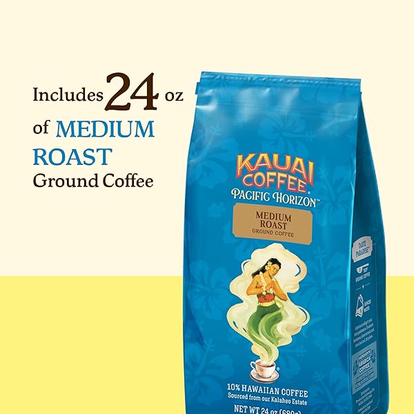 KAUAI COFFEE GROUND COFFEE – SMOOTH, RICH, MEDIUM ROAST – LIGHT FLORAL NOTES, BRIGHT AROMA – ARABICA COFFEE, 10% HAWAIIAN WITH NO BITTERNESS – KOLOA ESTATE, 1 PACK OF 24OZ