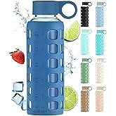 purifyou 40oz / 32oz / 22oz / 12oz Borosilicate Glass Water Bottle with Time & Volume Markers, Silicone Sleeve, Stainless Steel Lid | Reusable Glass Bottle for Water & Juice (12oz Chinese Porcelain)