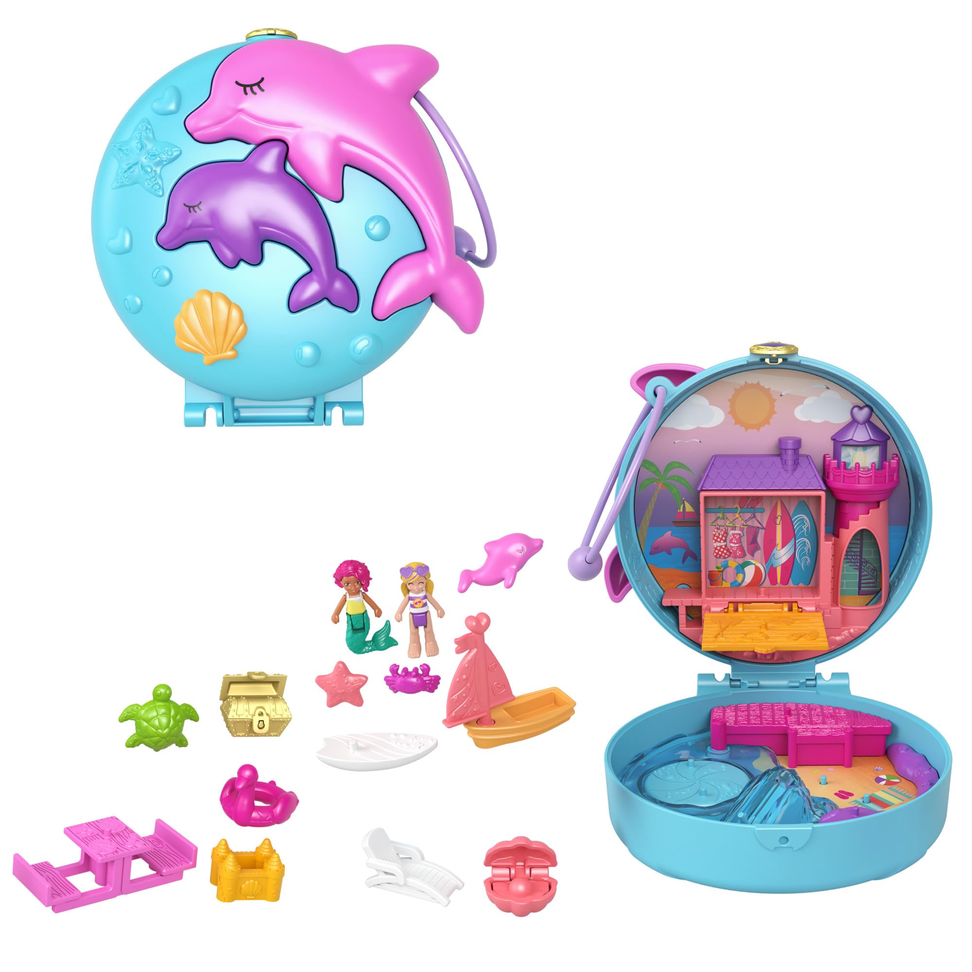 Polly Pocket Dolphin Beach Compact, Beach-Adventure Theme with Micro Polly & Mermaid Doll, 5 Reveals & 12 Accessories, Pop & Swap Feature, Great Gift for Ages 4 Years Old & Up, GTN20
