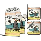 NELife Happy Camper Oven Mitts and Pot Holders Sets of 4,Resistant Hot Pads with Polyester Non-Slip BBQ Gloves for Kitchen,Cooking,Baking,Grilling