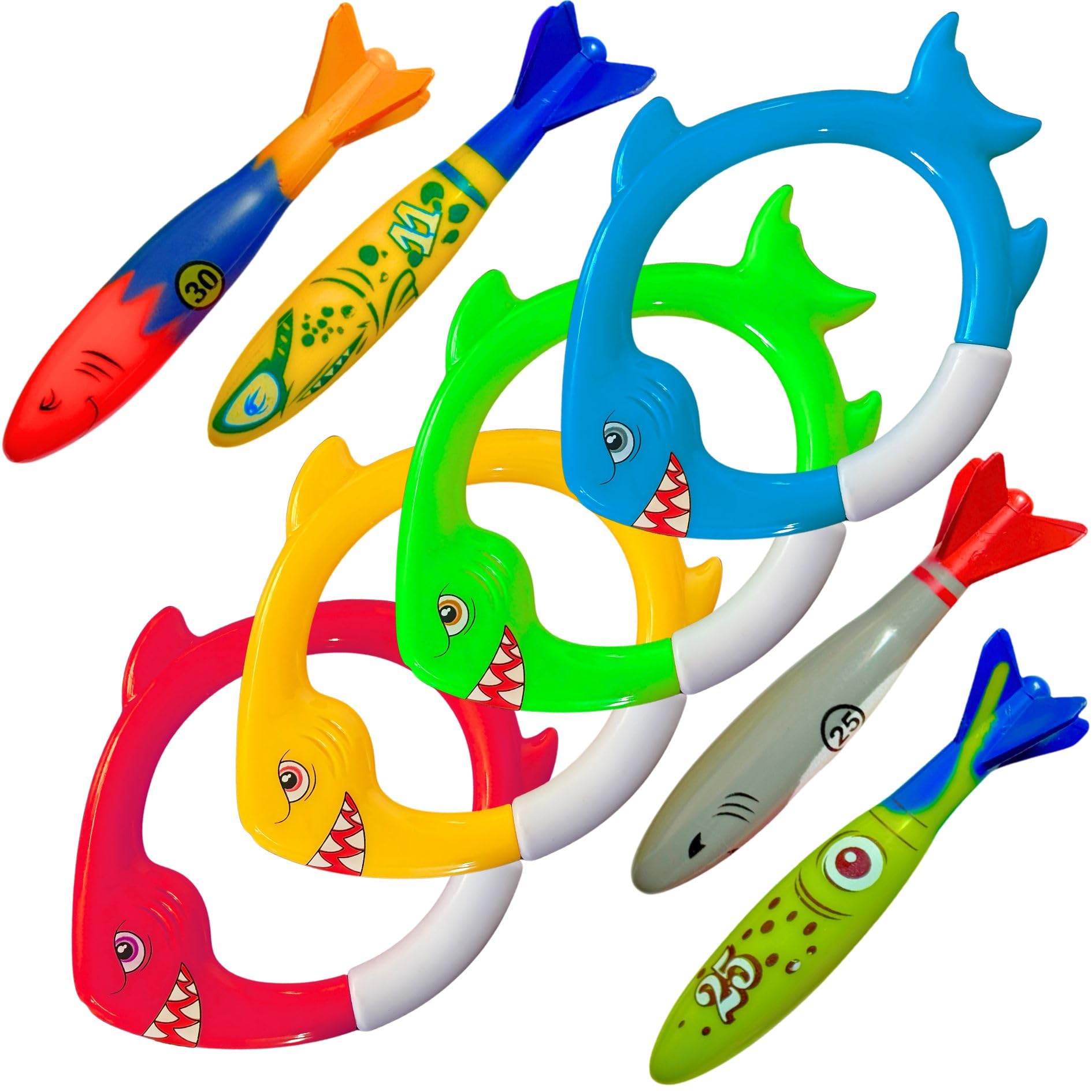 Haktoys Shark Dive Rings & Pool Diving Toys – 8-Piece Sinking Torpedoes and Fish Rings for Kids Swim Training, Boys Pool Games & Underwater Summer Fun