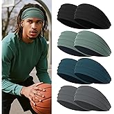 Rheytew Wide Headbands for Men, Men’s Headbands for Long Hair, Head Bands for Men for Workout, Running, Baseball, Football, Tennis, Basketball, Softball, 8 Pieces