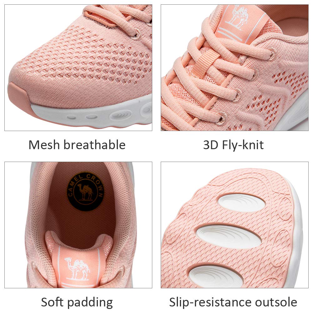 CAMEL CROWN Women Running Shoes Trail Fashion Sneakers Flyknit Comfy Walking Shoe Mesh Lightweight Athletic Gym Casual Sneaker for Girl(Pink,8.5 M US)