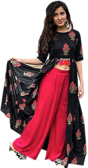 Women's Rayon Printed Kurti Shrug with Palazzo Pant Set (Ash-Bhooka peth, Black and Pink)