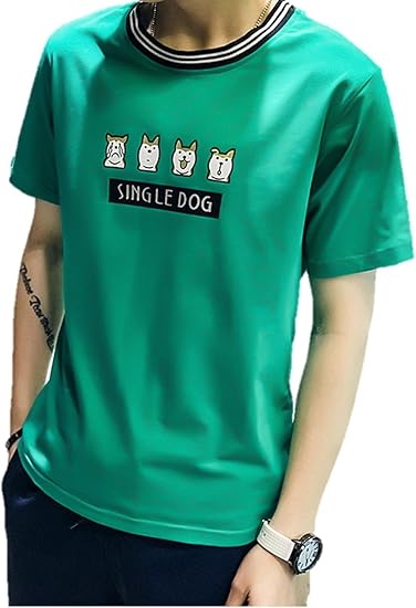 Amazon メンズ Tシャツ 4色 フロントロゴ イラストプリント ロゴ Dog アニマル プリント 犬 わんちゃん ラウンドネック クルーネック カジュアル ストリート 半袖 イラスト おしゃれ K7723 Tシャツ カットソー 通販