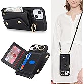Lipvina for iPhone 14 Case with Card Holder and Strap - Zipper Pocket,Crossbody Lanyard Strap,Credit Card Holder,Stand Ring,Cute Phone Wallet Case for Women(Black,6.1 Inch)