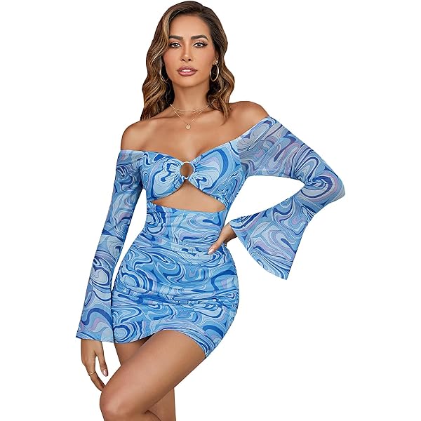WDIRARA Women's Marble Print Bodycon Dress - Short Sleeve Crewneck With Cut Out Ring Detail