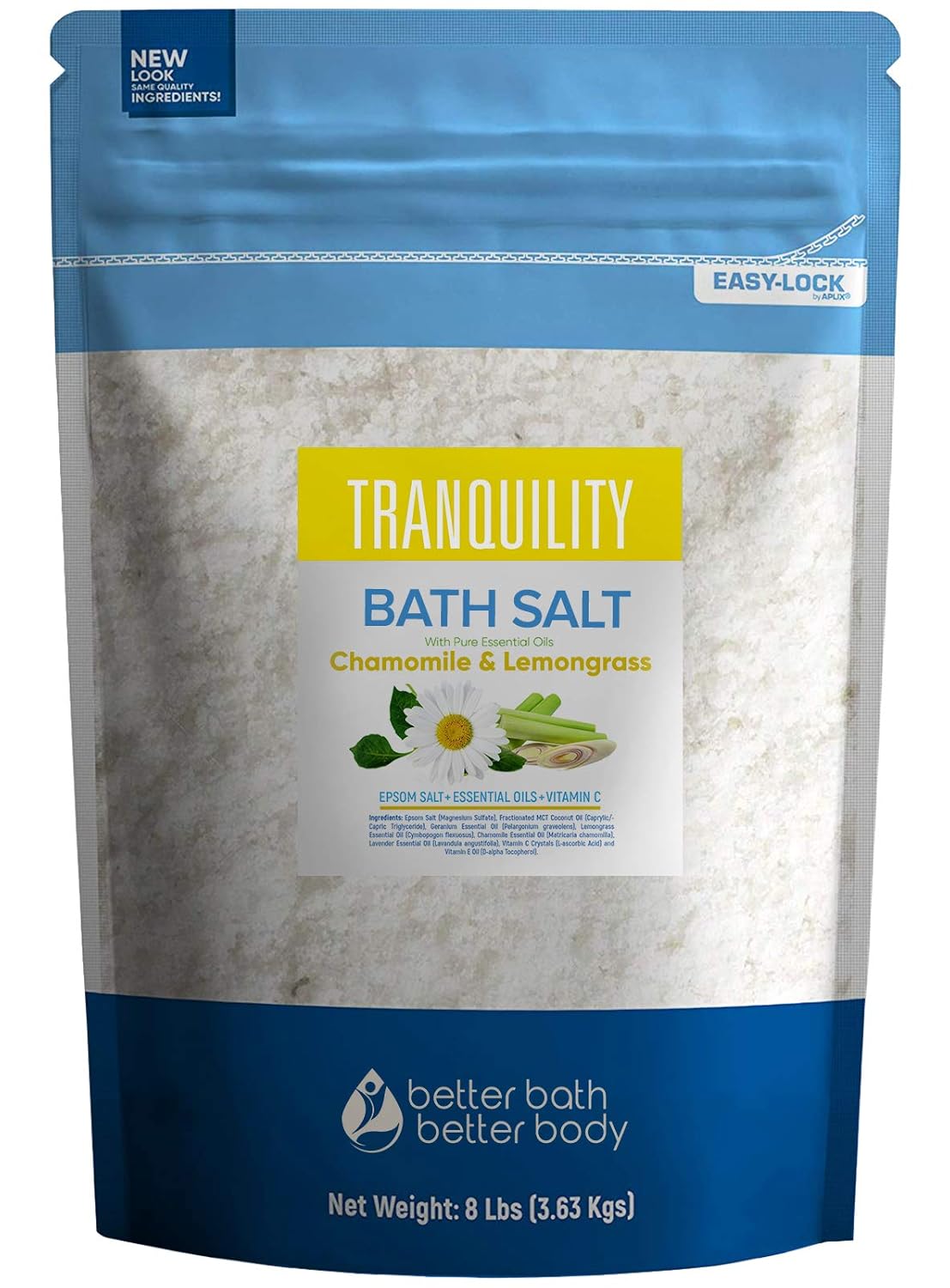 Tranquility Bath Salt 128 Ounces Epsom Salt with Natural Geranium, Chamomile, Lavender and Lemongrass Essential Oils Plus Vitamin C in BPA Free Pouch with Easy Press-Lock Seal: Health & Personal Care