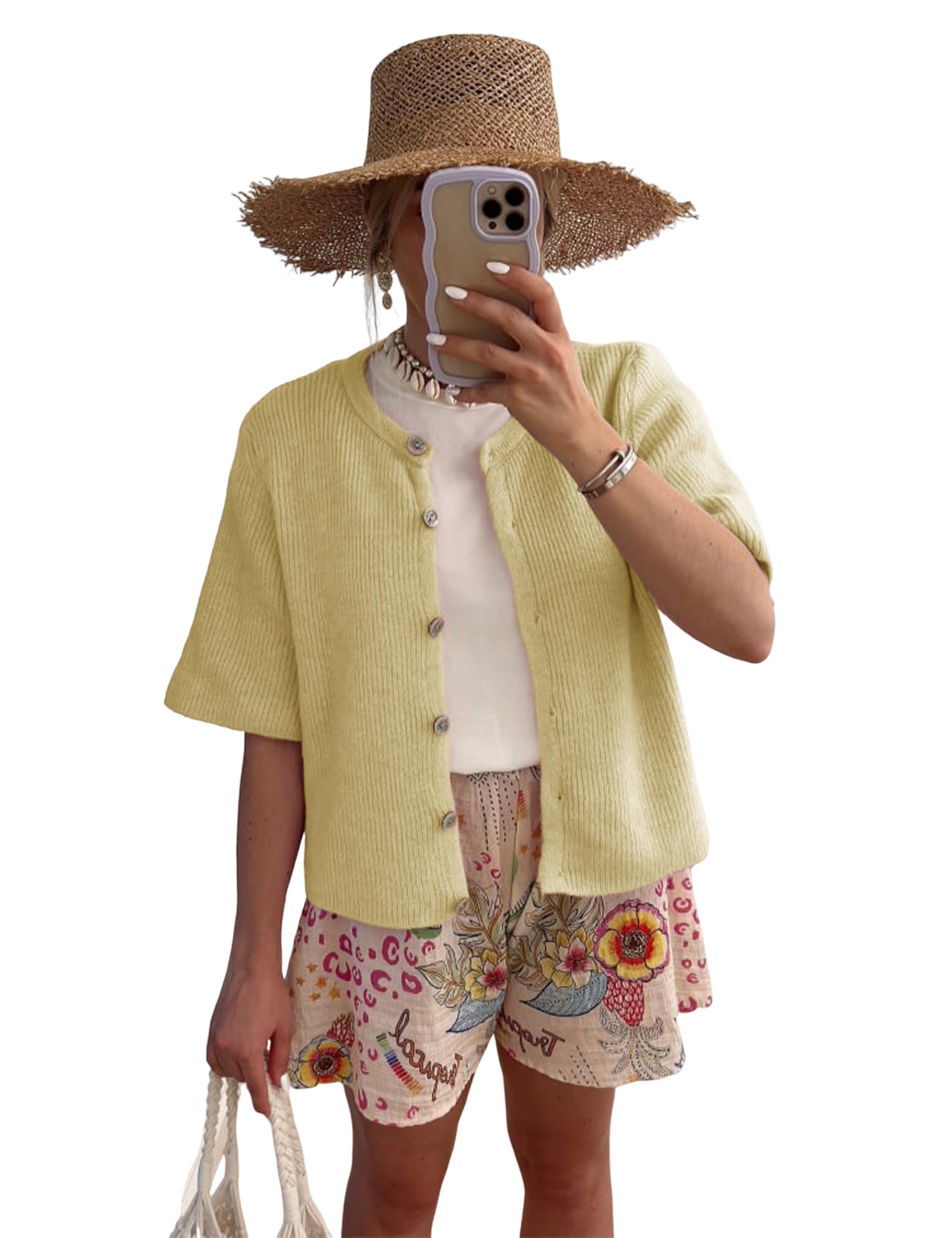 Photo 1 of SCUSTY Women's Lightweight Cardigan Short Sleeve Button-Down Summer Cardigan Sweater(Yellow-M)
