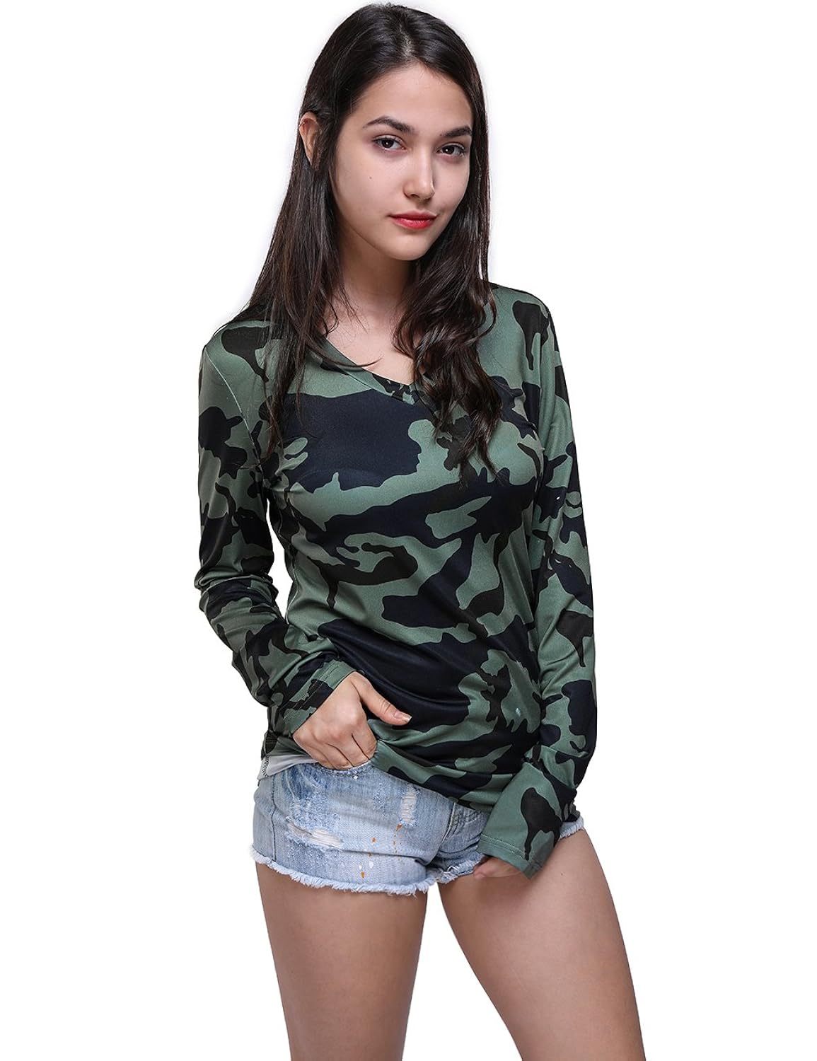 fancyku women's camouflage long sleeve v neck t-shirt top army green
