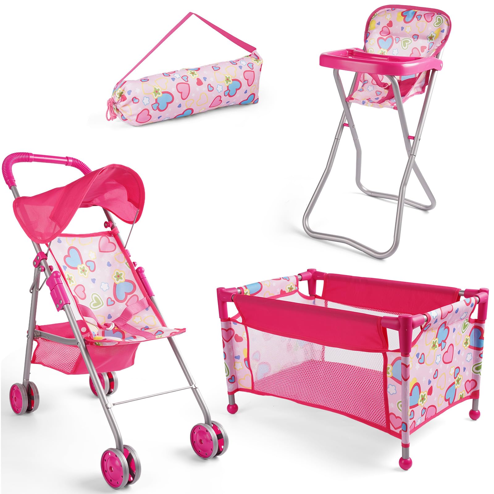 Photo 1 of BABESIDE 4Pcs Baby Doll Stroller Set with Doll Pack n Play, Baby Doll High Chair, Reborn Doll Crib with Storage Bag, Reborn Baby Doll Accessories for 17-20 Inches Dolls Kids Gift