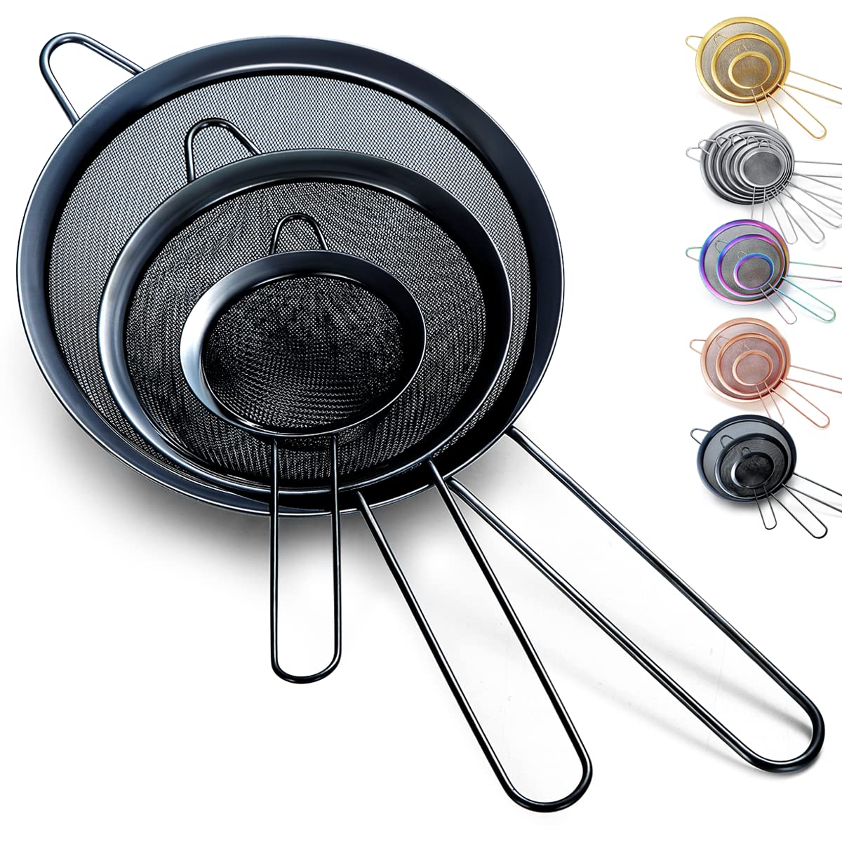 Kyraton Black Fine Mesh Strainer 3 Pieces Set, Flour Sifter for Baking, Stainless Steel Clander, Matcha Tea Strainer, Gravy Separator, Stasher Sieve Pasta Strainers