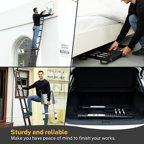 RIKADE TELESCOPIC LADDER, 8.5FT ALUMINUM TELESCOPING LADDER WITH NON-SLIP FEET AND STABLE HOOK, PORTABLE EXTENSION LADDER FOR HOUSEHOLD AND OUTDOOR WORKING, MAX LOAD 330LBS, BLACK
