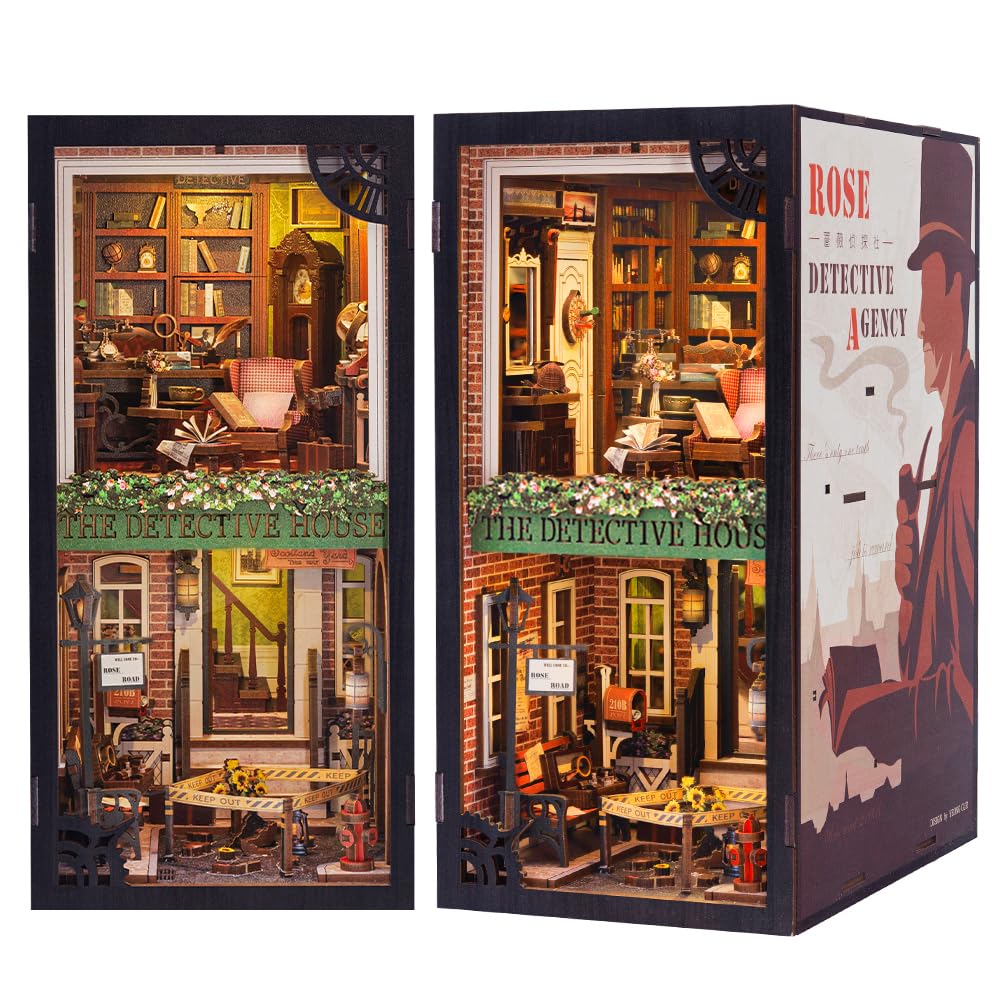 CUTEBEE Book Nook Kits For Adults - DIY Dollhouse Miniature with LED Light,3D Wooden Puzzle Bookend Bookshelf Decor,Gifts for Family and Friends (Rose Detective Agency)