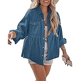 Ashuai Womens Corduroy Peplum Shacket Jacket Long Sleeve Button Down Babydoll Shirts Oversized Casual Blouses Tops