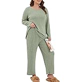 ZHUHOUSE Womens Plus Size Lounge Pajamas 2 Piece Pj Sets Soft Long Sleeve Ribbed Tops Wide Leg Pants with Pockets