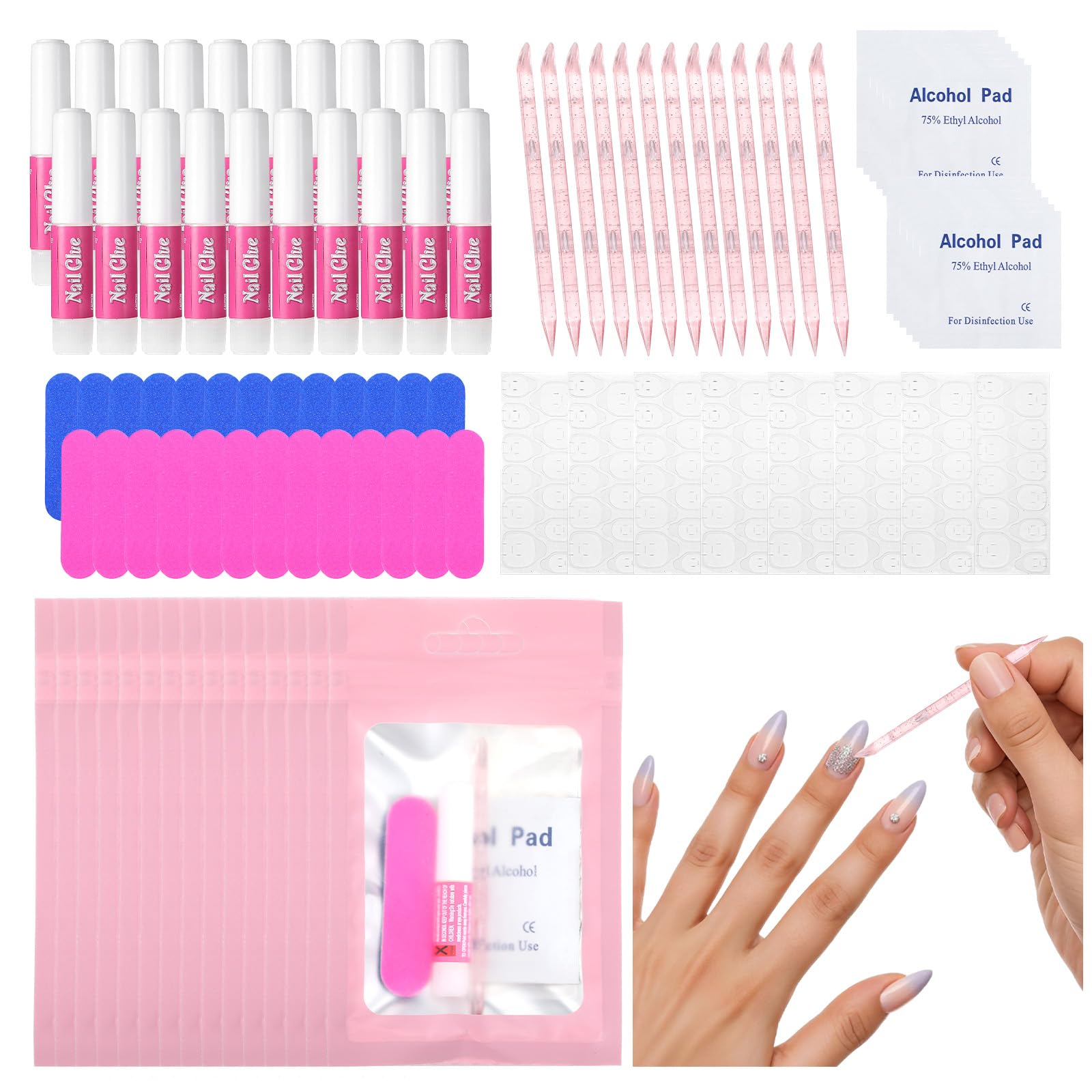 Photo 1 of 100PCS Press on Nail Tool Kit, Nail Prep Kit with Nail Glue, Adhesive Tabs, Mini Nail File, Acrylic Sticks, Prep Pads for Press on Nail Art Starters Press On Nail Packaging for Salon Business