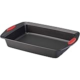 Rachael Ray Yum-o! Nonstick Baking Pan With Grips/ Nonstick Cake Pan with Grips, Rectangle - 9 Inch x 13 Inch, Gray with Red 