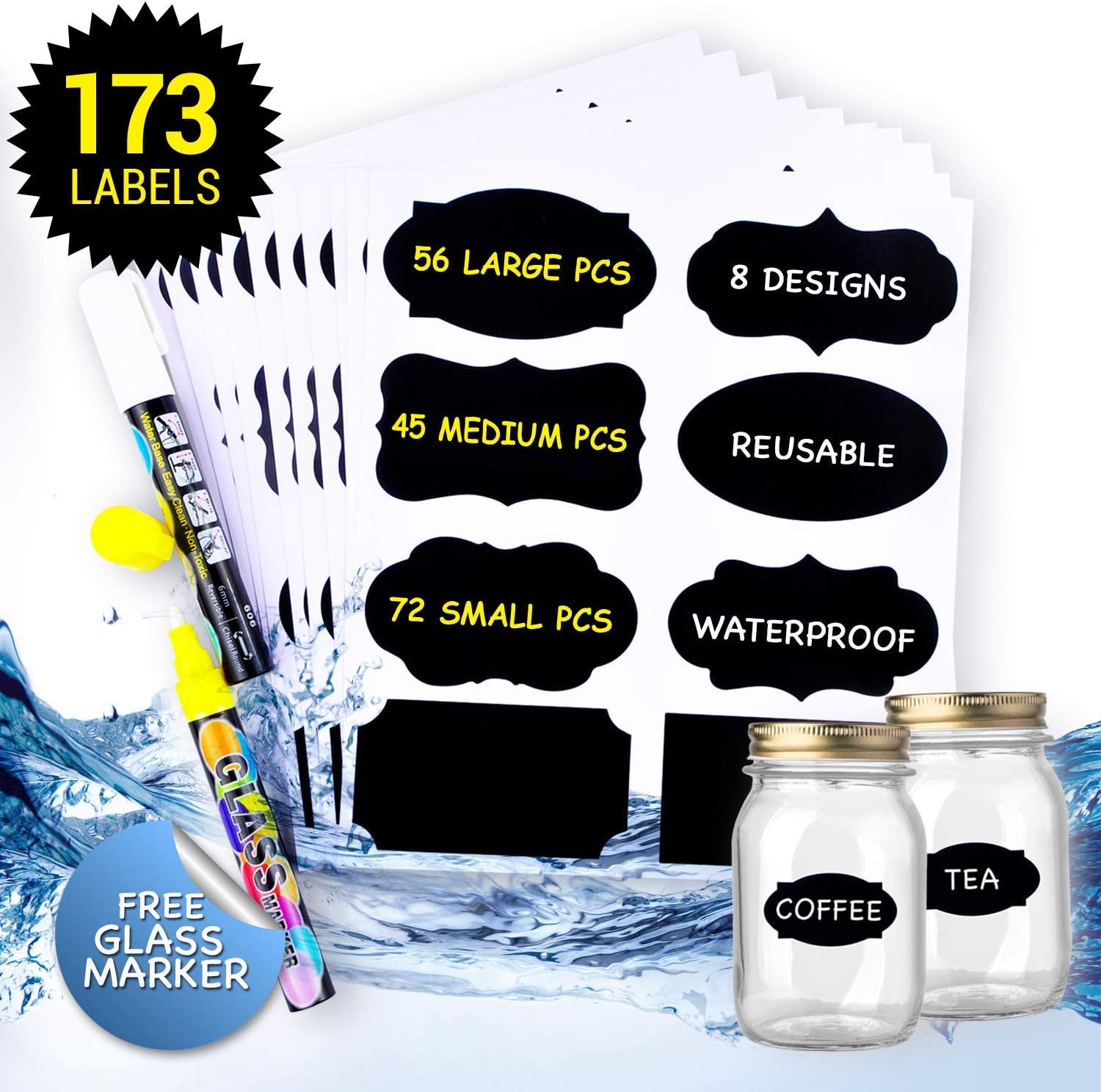 Chalkboard Labels 173 Pcs Pack, Reusable and Waterproof Stickers for Containers, Jars; Mason, Spice, and Glass, Blackboard Organizer for Kitchen and Pantry in Small, Medium, and Large with 2 Markers : Office Products