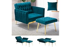 ACMEASE Velvet Accent Chair with Adjustable Armrests and Backrest, Button Tufted Lounge Chair, Single Recliner Armchair with Ottoman and Pillow for Living Room, Bedroom,Teal