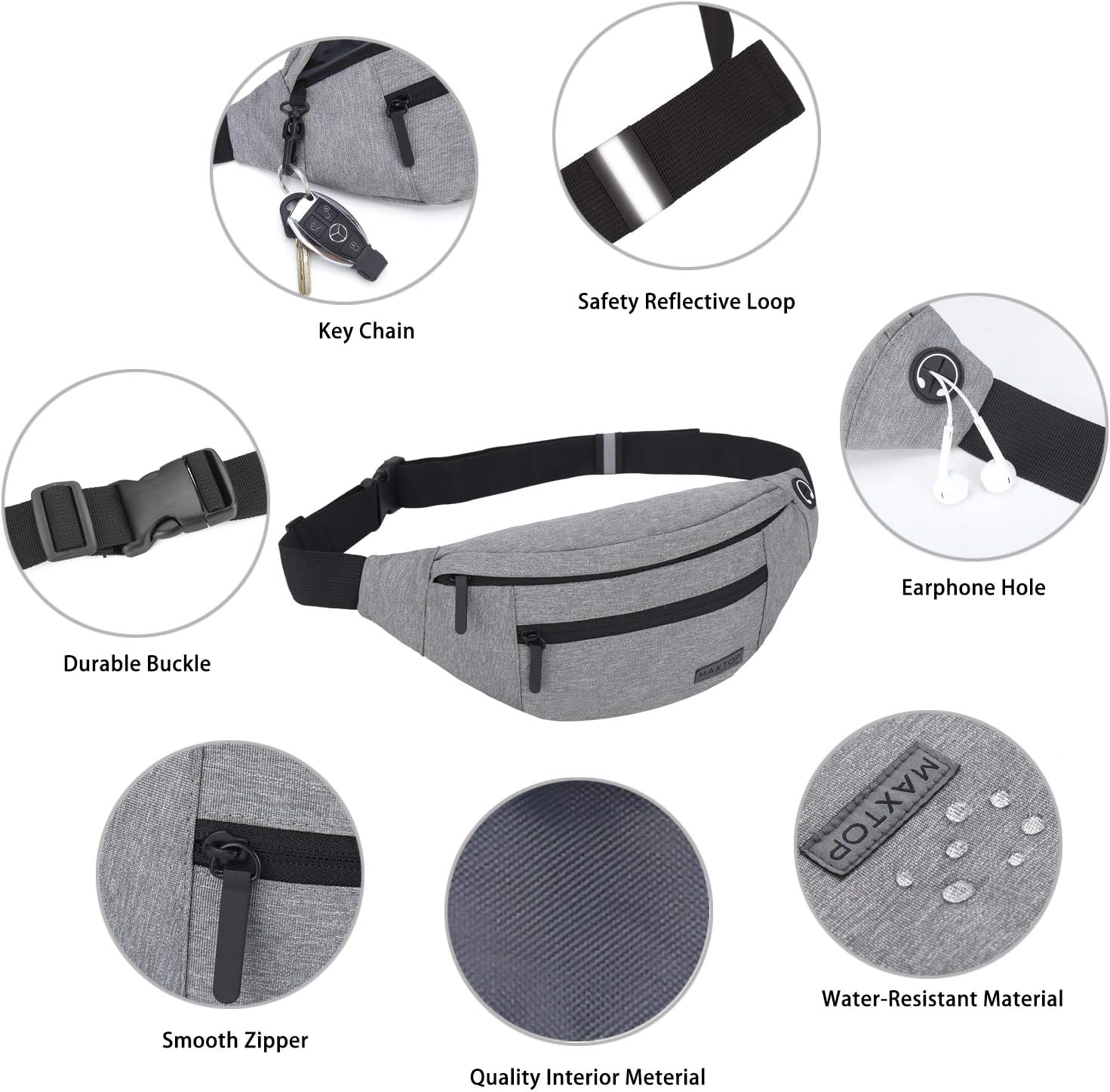 MAXTOP Large Bumbag Waist Fanny Pack for Men Women Bum Bag with Headphone Jack and 4-Zipper Pockets Adjustable Belt for Biking Running Jogging Traveling Outdoors Workout Cycling Fitness Hiking - Image 4