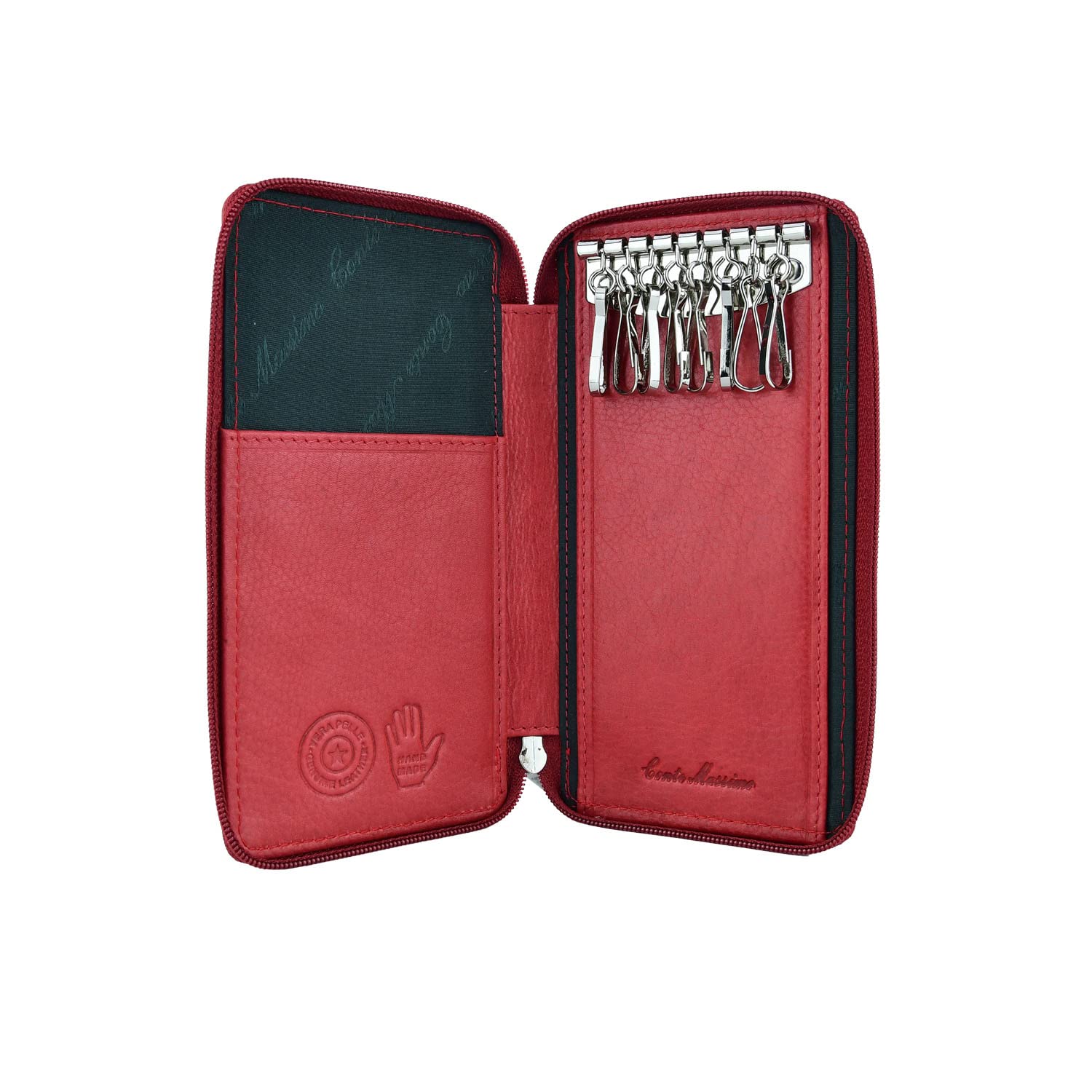 CM Conte Massimo Leather Key Holder, Genuine Leather Zip Case, 8 Hooks, Card Pockets for Men Women, Red Large Gift Box
