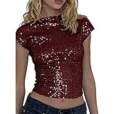 Women's Sparkle Sequins Y2k Crop Tee Shirt Boat Neck Cap Sleeve Backless Open Back Rave Cropped Going Out Tops