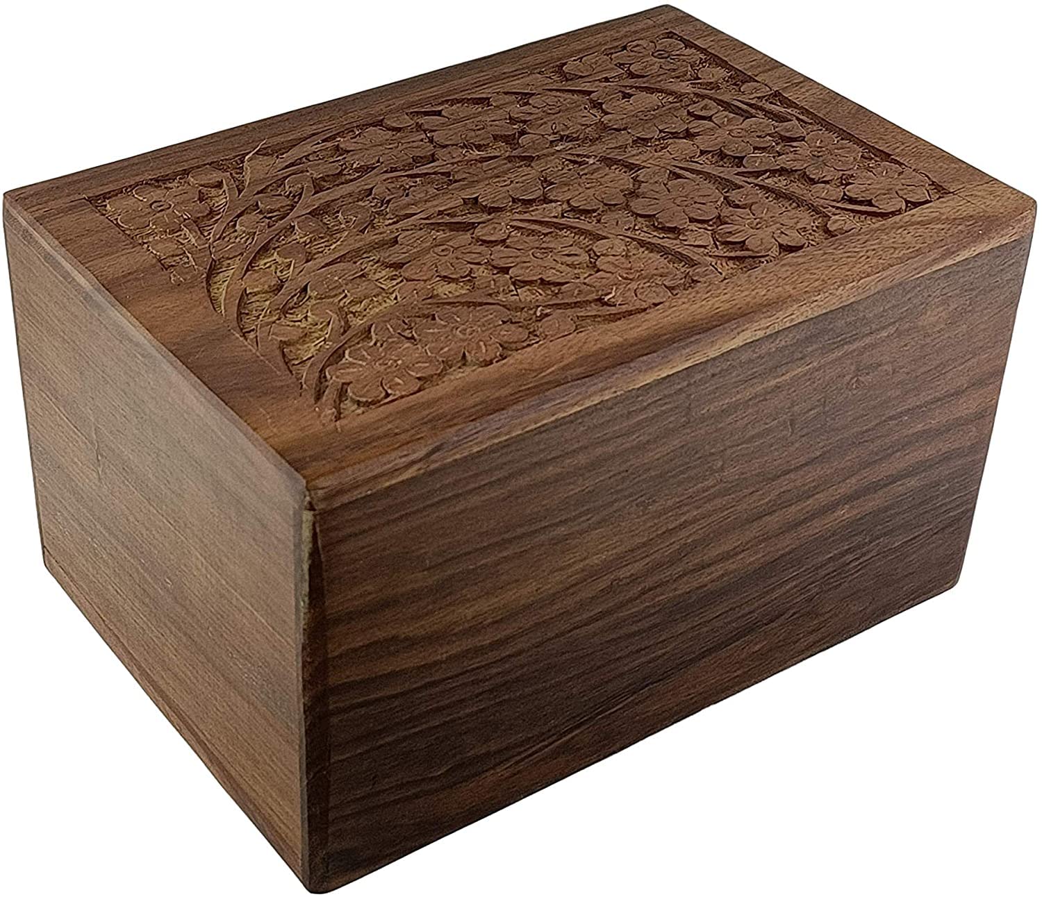 Indian Glance Wooden Urn Box - Human Funeral Cremation Urn with Hand Carved Design (XX-Large 9.5" x 7.5" x 5.5" Urn Holds: 250 lbs)