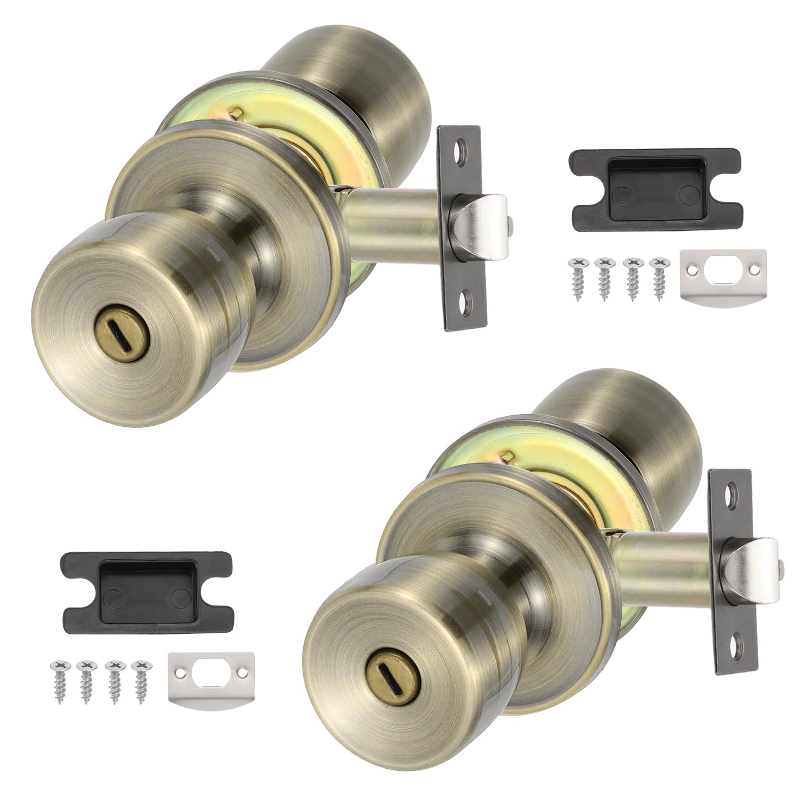 PATIKIL Privacy Keyless Door Knobs Interior, 2 Pack Round Zinc Alloy Bedroom Bathroom Door Knob with Lock Entry Indoor Outdoor Door, Bronze