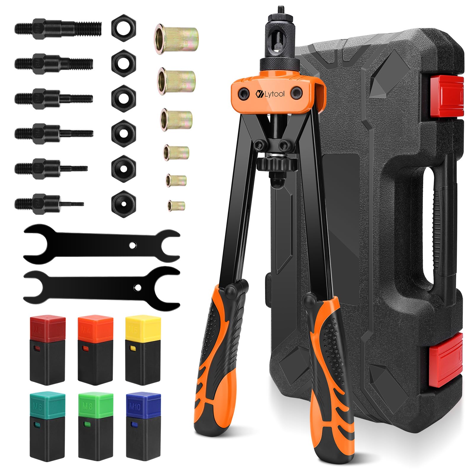 Lytool Rivnut Tool Kit, 14" Rivet Nut Tool with 205pcs Nuts Heavy Duty Rivet Gun M3 M4 M5 M6 M8 M10 6 Mandrels Rivet Nut Gun Rivet Tool Professional Hand Rivet Setter